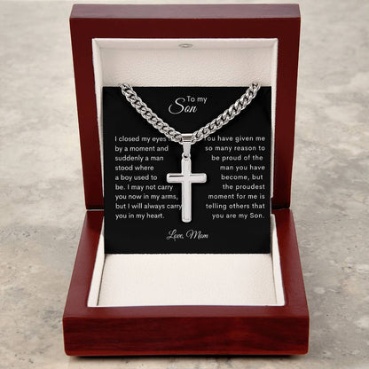 To my Son, Personalized Steel Cross Necklace on Cuban Chain