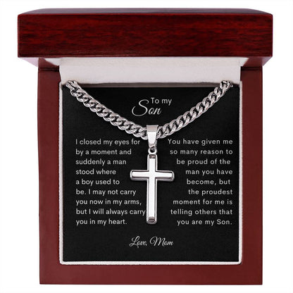 To my Son, Personalized Steel Cross Necklace on Cuban Chain