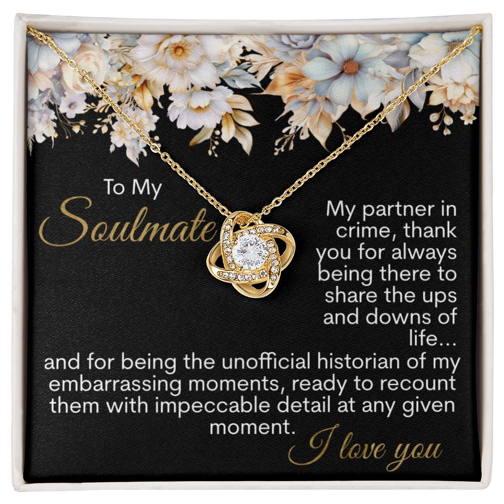 Enduring Love and Shared Laughter: A Message Card Jewelry for My Partner in Crime - Celebrating Our Unforgettable Moments and Unbreakable Bond| Soulmate Love Knot