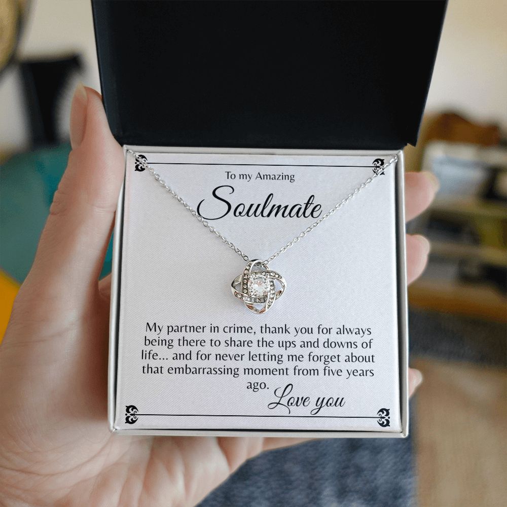 Forever Grateful: A Message Card Jewelry for My Partner in Crime - Celebrating Our Unbreakable Bond and Cherished MemoriesSoulmate Love Knot