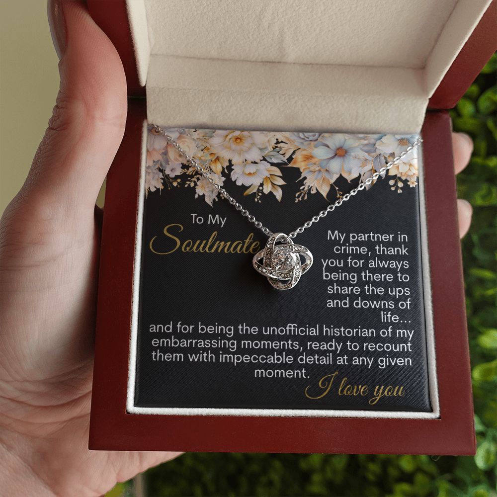Enduring Love and Shared Laughter: A Message Card Jewelry for My Partner in Crime - Celebrating Our Unforgettable Moments and Unbreakable Bond| Soulmate Love Knot